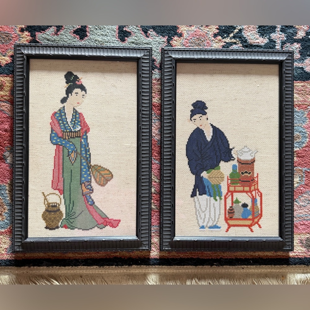 Pair of Framed Vintage Needlework Chinoiserie Scenes